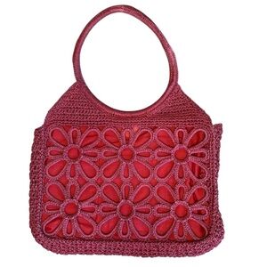 Vtg Crochet Handbag Red Daisy Retro Tote Purse